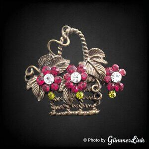 Vintage Victorian Trading Co Flower Basket Rhinestone Dark Brass Tone Brooch Pin